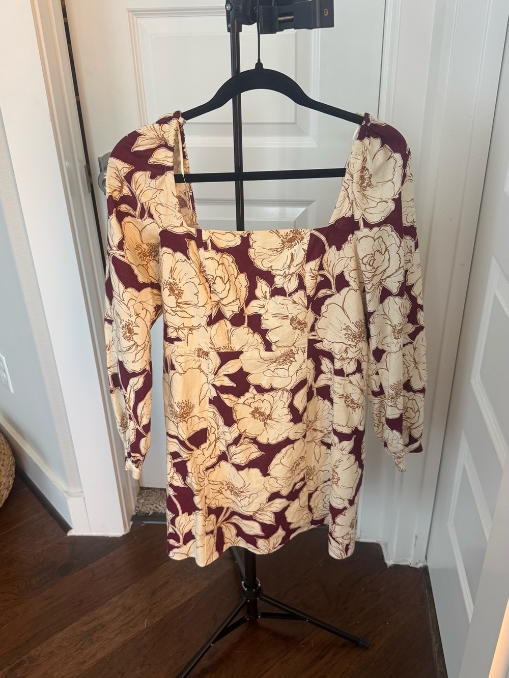 Sezane | Linen Cream and Deep Burgundy Floral Mini Dress US 4